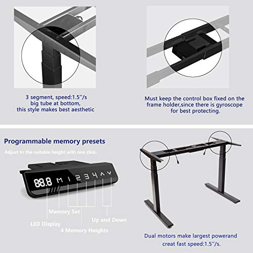 VWINDESK VJ201-S3 Electric Height Adjustable Sitting Standing Desk Frame Only/Sit Stand - Dual Motors 3 Segment Motorized Desk Base Only,Black