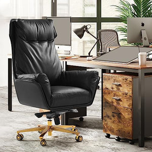 Kinnls Austin Executive Chair Black Genuine Leather Reclining High Back Desk Chair