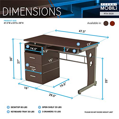 Techni Mobili Computer Desk with Ample Storage, Chocolate, 30" x 22.75" x 47.25", Chocolat
