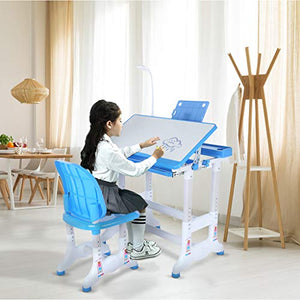 Student Desk and Chair Set - Height Adjustable Student Study Desk for Home Schooling with Storage Drawer/LED Light/Reading Board - Kids Interactive Workstation