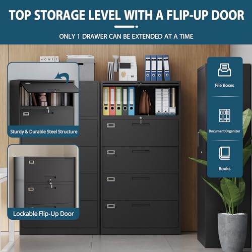 MIIIKO 4 Drawer File Cabinet with Shelf, 5 Tier Metal Lateral Filing Cabinet - 36" Wide, Lockable - Home Office Storage