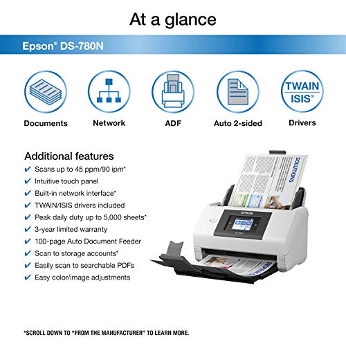 Epson DS-780N Network Color Document Scanner for PC and Mac, 100-page Auto Document Feeder (ADF), Duplex Scanning