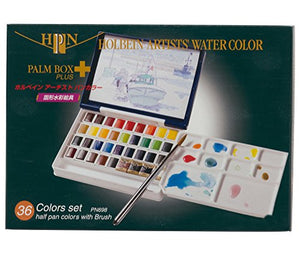 Holbein Artist's Watercolors Set of 36 Half-Pans with Brush (Palm Box Plus) PN698