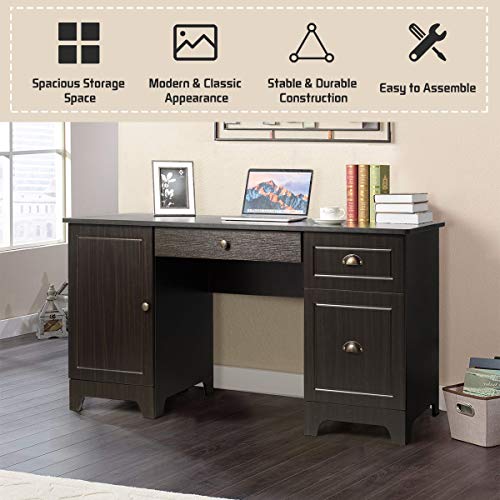Tangkula Computer Desk with Drawers & Cabinet, Wooden Executive Desk Home Office Desk, Writing Study Desk Computer Workstation, PC Laptop Desk for Bedroom & Office (Brown)