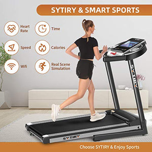 SYTIRY Treadmill with Large 10" Touchscreen and WiFi Connection, YouTube, Facebook and More, 3.25hp Folding Treadmill, Cardio Fitness Exercise Machine for Walking, Jogging, and Running.