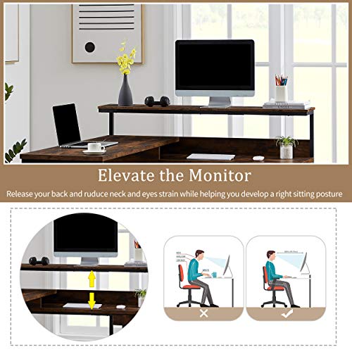 Merax L-Shaped Computer Monitor Shelf and CPU Stand, Industrial Corner Office Study Large Workstation Desk Table, 55.9" L x 55.1" W x 38" H, Tiger