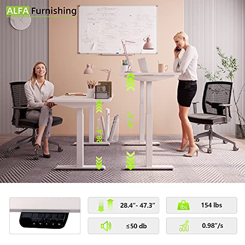 ALFA Furnishing 55"x 28" Electric Adjustable Height Desk for Home Office, Standing Desk Sit Stand Desk with 2 Pre-Set Memory (55x28, White Table Top+ White Frame)