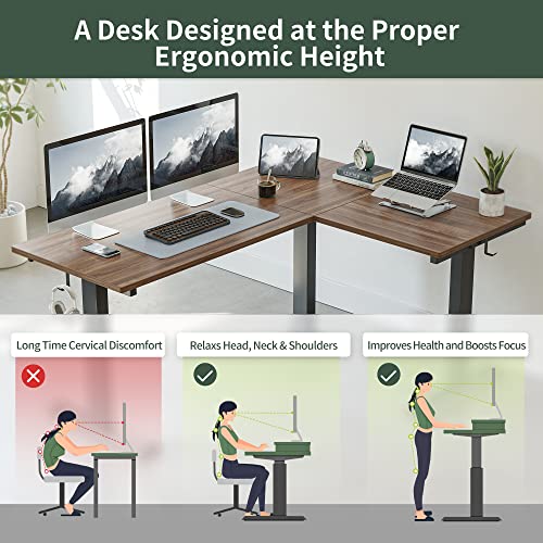 FEZIBO Triple Motor L-Shaped Electric Standing Desk, 63 Inches Height Adjustable, Splice Board, Black Frame/Black Walnut - Sit Stand Workstation