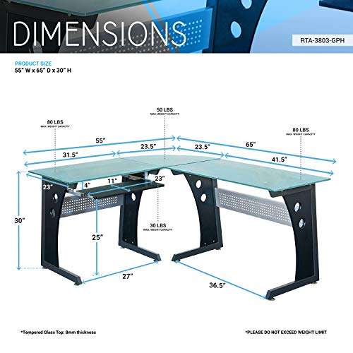 Techni Mobili Deluxe Tempered Frosted Glass L Shaped Corner Desk With Pull Out Keyboard, Graphite
