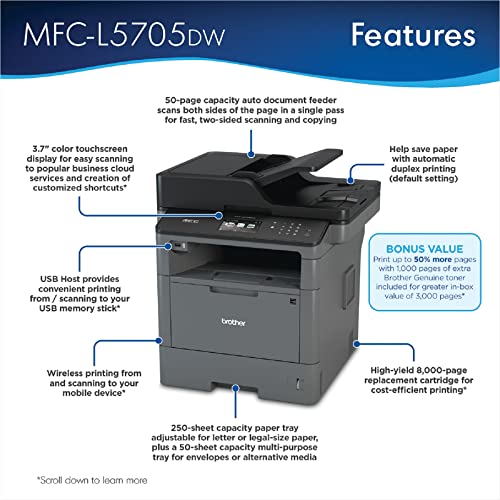 Brother MFC-L5705DWA All-in-One Wireless Monochrome Laser Printer - Print Copy Scan Fax - 42 ppm, 1200 x 1200 dpi, 3.7" Touchscreen LCD, 256MB Memory, Auto Duplex Printing, 50-Sheet ADF, Printer Cable