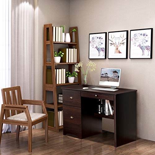 Tangkula Computer Desk, Wood Frame Home Office Desk with Storage Drawer and Shelf, Computer Workstation with Spacious Desktop, Ideal for Bedroom, Living Room, Office (Walnut)