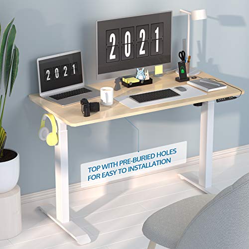Electric Adjustable Height Standing Desks for Home Office, 48 x 24 Inches Splice Board, Sit Stand Computer Desk, White Frame/Oak Top