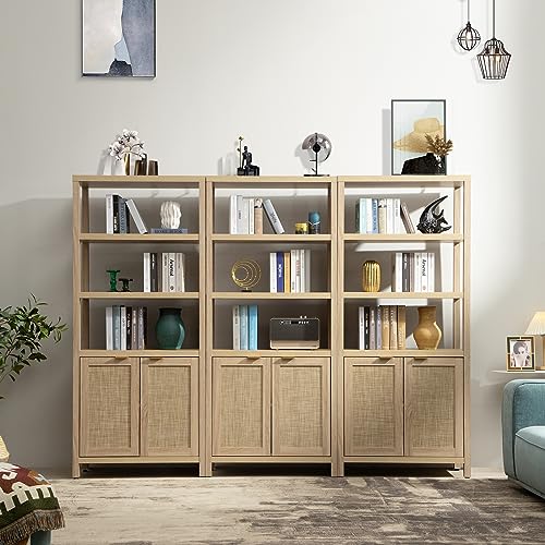 SICOTAS 5 Tier Rattan Boho Bookshelf with Doors - Natural