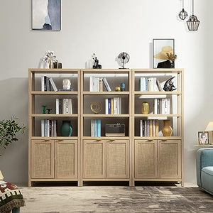 SICOTAS 5 Tier Rattan Boho Bookshelf with Doors - Natural 3PCS