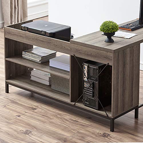 FELLYTN Rustic Industrial L Shaped Desk, 59 Inch Wood and Metal Study Corner Desk, Office Writing Workstation with Shelves and File Cabinet for Home Office (Gray Oak)