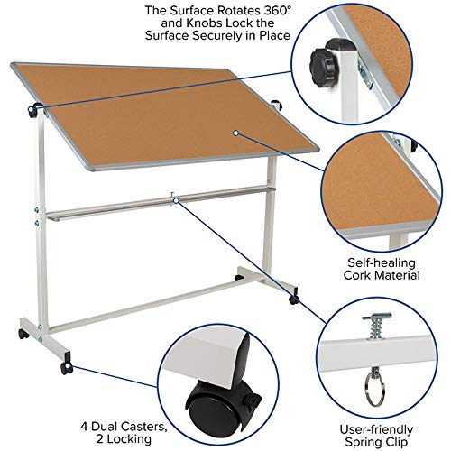 Offex 20" L x 64.25" W x 64.75" H Reversible Mobile Cork Bulletin Board and White Board with Pen Tray