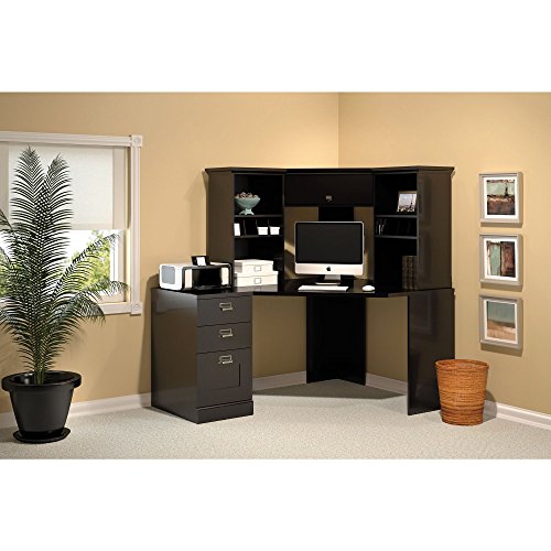 Bush Furniture Stockport Corner Desk with Hutch and 3 Drawer File Cabinet in Classic Black