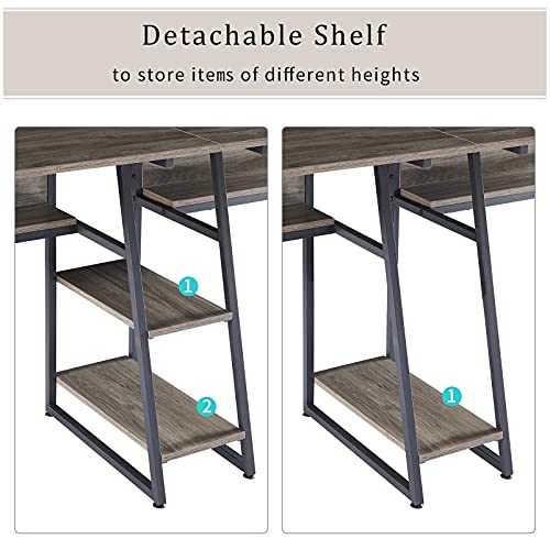 4-Tier Two Persons PC Laptop Desk Study Table with Open Storage Bookshelves for Home Office Dorm Students, Industrial Rustic Wooden Writing Table Workstation Double Desk with Steel Frame for 2 (Gray)