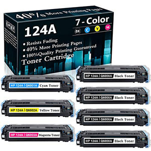 7-Pack (4BK+1C+1M+1Y) 124A Q6000A Q6001A Q6002A Q6003A Remanufactured Ink Cartridge Replacement for HP Color Laserjet 1600 2600n 2605n 2605dn CM1017mfp Printer Ink Cartridge