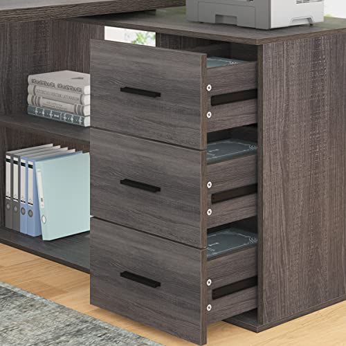 HSH L Shaped Computer Desk with Drawers, 360 Rotating, Industrial Home Office Desk - Dark Wood, 55 Inch