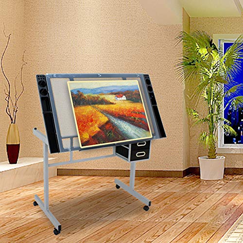 Adjustable Rolling Drawing Drafting Silver Black Table Tempered Safety Glass Top Art Craft Work Station Desk Board Work Hobby Stool Durable Powder-Coated Steel Frame 2 Slide-Out Drawer Storage