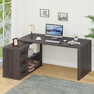 HSH L Shaped Computer Desk with Drawers, Storage Cabinet Shelves - Gray 60 In