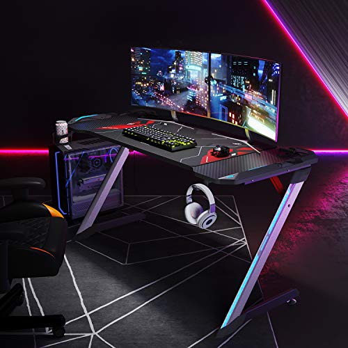 ELEGANT Gaming Desk with Led Lights 55 Inch Z Shape Gamer Workstation with Power Strip Large Mouse Pad Stand Cup Holder Headphone Hook for Home Office Gamer,Black