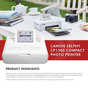 Canon SELPHY CP1300 Compact Photo Printer (White) with WiFi w/Canon Color Ink and Paper Set + Battery