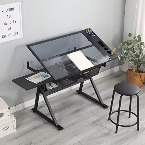 L-sister Perfect Embellishment Studio Design Folding Innovative Glass Table 40 Inch Drafting Table Craft Table Adjustable Toughened Glass Drafting and Printing Table Studio Table with Drawers Easy to