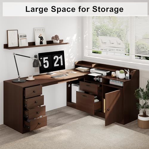 Melidee L Shape Desk - Executive Desk with Drawers, Cabinet Storage, Charging Station & USB Ports