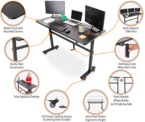 Stand Steady Tranzendesk | 55 Inch Standing Desk with Detachable Wheels | Front Crank Easy Manual Height Adjustable Sit to Stand Desk | Modern Ergonomic Desk Supports 3 Monitors (55 / Black)
