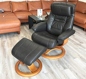 Fjords Mustang Large Leather Recliner Chair and Ottoman Norwegian Ergonomic Furniture Nordic Line Genuine Stone Leather Teak Wood