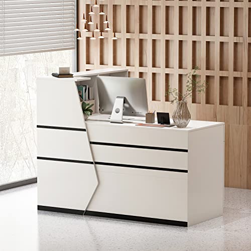 AIEGLE Reception Desk with Hutch, Lockable Drawers & Shelves, White (55.1" W x 43.3" D x 43.3" H)