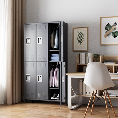 SUPEER Metal Lockers with Lock, 12 Hooks & 6 Doors, Steel Cabinet for Dormitory, Office, Gym - Dark Grey