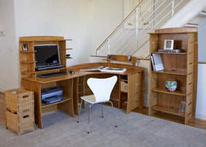 Legaré Furniture Corner L-Shaped Office Desk, Home Computer Desk, No Tool Assembly with Adjustable Shelves, Amber Bamboo