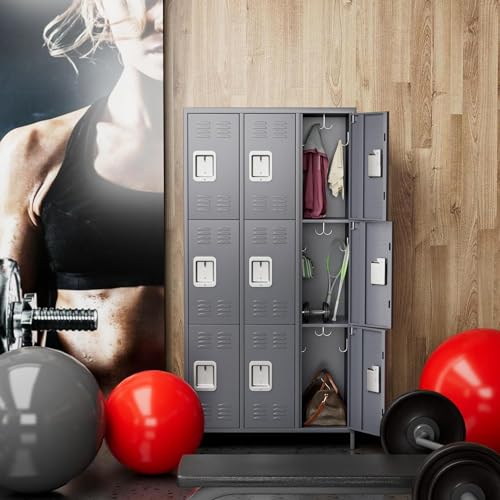 GangMei Metal Lockers with 18 Hooks & 9 Doors, Steel Storage Cabinet (Dark Grey)