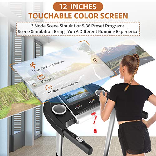 SYTIRY Treadmill with Large 12" Touchscreen and WiFi Connection, YouTube, Facebook and More, 3.25hp Folding Treadmill, Cardio Fitness Exercise Machine for Walking, Jogging.