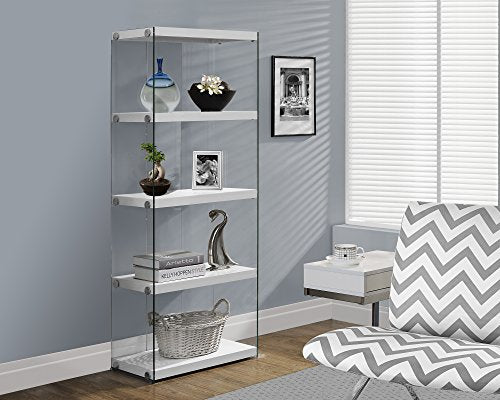 Monarch specialties I 3289, Bookcase, Tempered Glass, Glossy White, 60"H