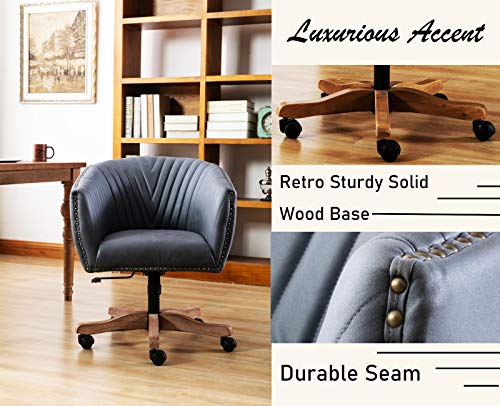 Chairus Retro Faux Leather Swivel Barrel Arm Chair with Luxury Nailheads, Mid Century Modern Upholstered Home Office Desk Accent Chair with Wood Base Mid-Back, Dark Grey