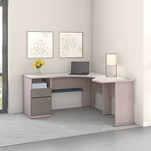 Bush Business Furniture Series A 60W L Shaped Corner Desk with 2 Drawer Pedestal and 30W Bridge in Pewter and White Spectrum
