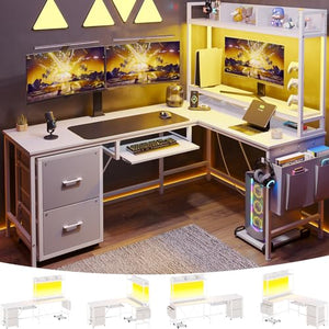 VIGKOOK L Shaped Gaming Desk with Power Outlet & LED Strip, White, 67in