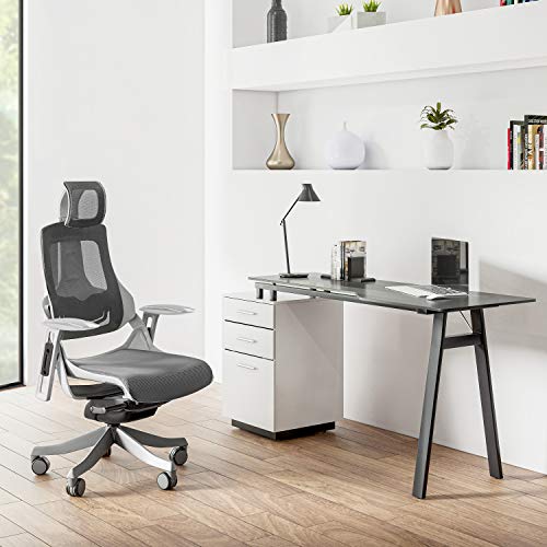 Techni Mobili Modern Smoke Tempered Glass top & Storage Home Office Computer Writing Desk Workstation with Two Cupholders and a Headphone Hook-Pine, White