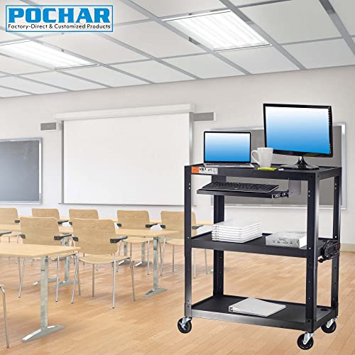 POCHAR Extra Large 3 Tier Rolling Cart with Power Strip - Heavy Duty Utility Cart - 14 Gauge 2mm Durable - Supports Up to 300 LBs - Black
