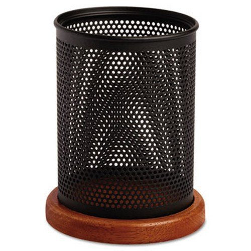 Rolodex Distinctions Metal & Wood Pencil Cup, 3-1/2" Diameter x 4-1/2", Black/Cherry (1813862)