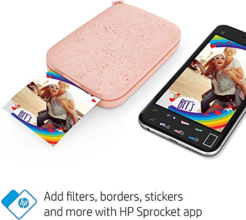 HP Sprocket Photo Printer, (2nd Edition) Print Social Media Photos on 2x3 Sticky-Backed Paper (Blush) + Photo Paper (50 Sheets) + USB Cable + 60 Decorative Stick-On Border Frames