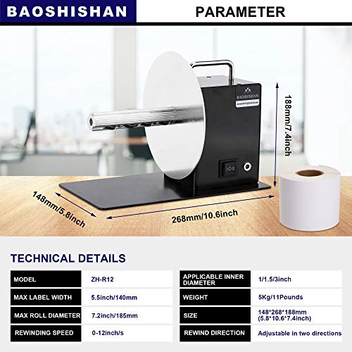 BAOSHISHAN Automatic Label Rewinder Rewinding Machine Label Width 140mm Core Holder 1/1.5/3 inch Roll Core Diameter 180mm 100-240V (with Regulator and Baffle)