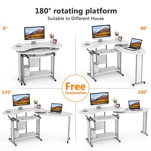 L-Shaped Computer Desk, LITTLE TREE Rotating Corner Desk & Modern Office Study Workstation, for Home Office or Living Room (White)