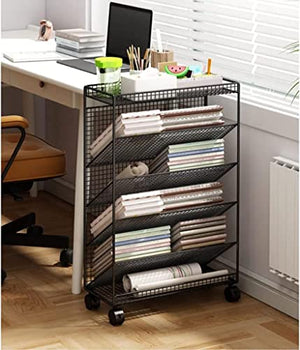 Generic Black Shelf Book Cart with Lockable Casters - Multi-Functional Rolling Library Cart