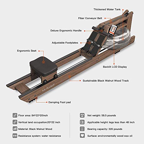 Mr. Rudolf Water Rowing Machine for Home Use,Black Walnut Wood Water Resistance Rower with Bluetooth Monitor,Training Rower Machine Workout for Home Gyms Fitness Indoor Use