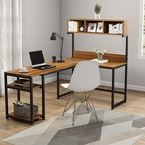 Tribesigns L-Shaped Desk with Hutch, 68 Inches Corner Computer Desk Gaming Table Workstation with Storage Bookshelf for Home Office,Dark,Walnut